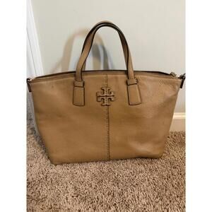 Tory Burch Mcgraw Cream Pebble Leather Top Zip Satchel Crossbody